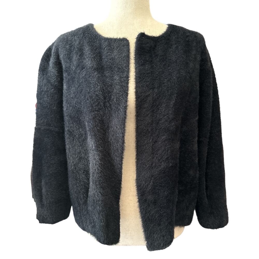 Joan Vass Black Plush Faux Fur Open Front Cardigan M